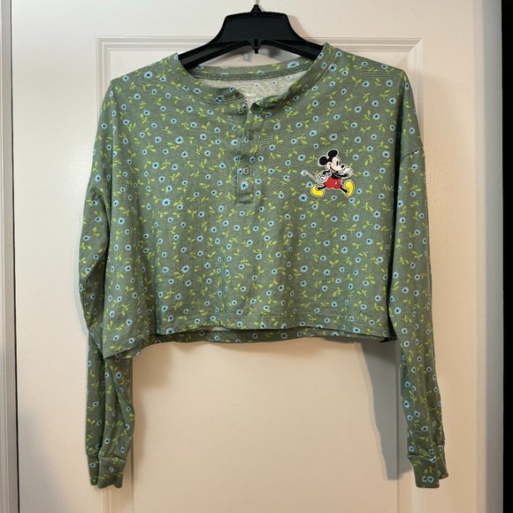 Disney Tops - Green Floral Disney Mickey Button Cropped Long Sleeve Size M